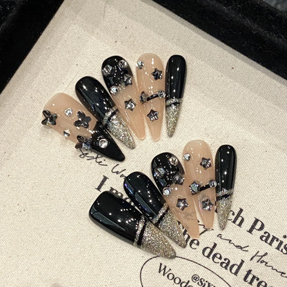 10pcs Black French Style Press On Nails Handmade Full Flash Rhinestone Decor False Nails Light Luxury Fake Nail For Hot Girls