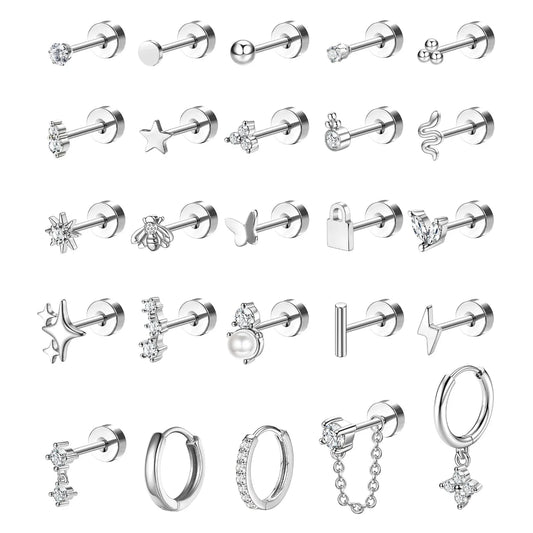 Bobisty 1pc Earrings for Sensitive Ears Surgical Stainless Steel Earrings for Women Dainty Flat Back Earring Stud Hoop Cartilage