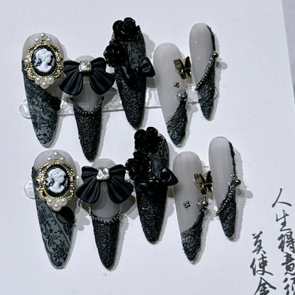 10pc Stiletto Almond Press On Nails Dark Black Fake Nails With Butterfly Star Design Hot Girl Detachable Full Cover Nail Art Tip