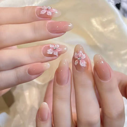 24pcs French Almond Press on Nails Flower False Nails Wearable Stick-on Nails Fake Nail Uñas Postizas Mujer Накладные Ногти 네일팁
