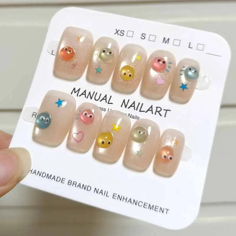 10Pcs French Style New Cute 3D Small Eyes Wearable Nails Patch Nail and Nail Accessories Press on Nails Detachable Nail Tips