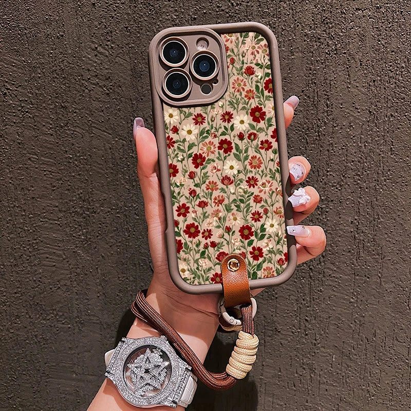 Cute Flower Pattern Lanyard Strap Rope Phone Case For iPhone 16 17 Pro Max 11 12 13 14 15 16E XS X XR 7 Plus Silicone Soft Cover
