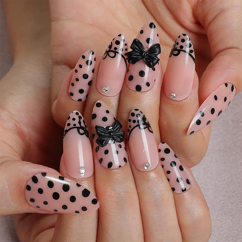 24Pcs Pink French Style Fake Nails 3D Bowknot Designs Short Square Press on Nails Sweet Korean Fashion False Nail for Women Girl
