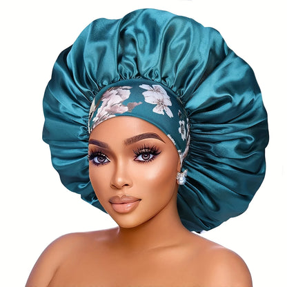 Women's Fashion Bonnet Flower Printed Hair Hat with Wide Edge Elastic Silk Smooth Satin Face for Daily Home Sleep Hat