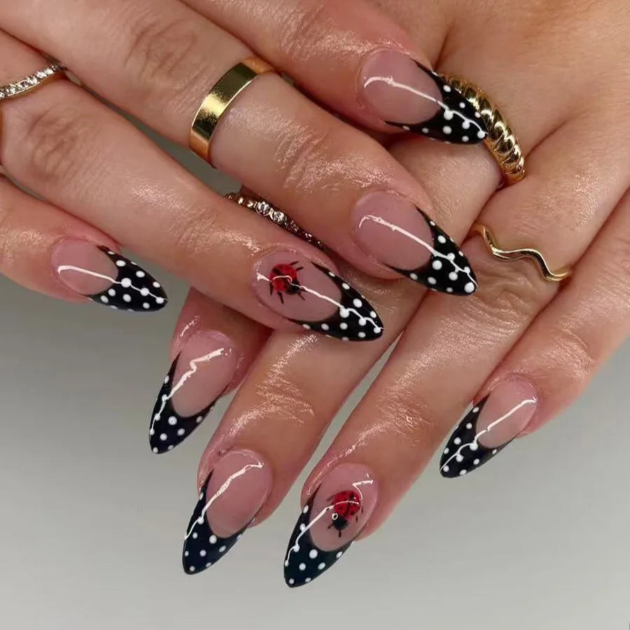 24pcs Blue Press on Nails with Polka Dot Pattern Design Almond Full Cover Nail Tip Flower Rhinestone False Nail French Fake Nail