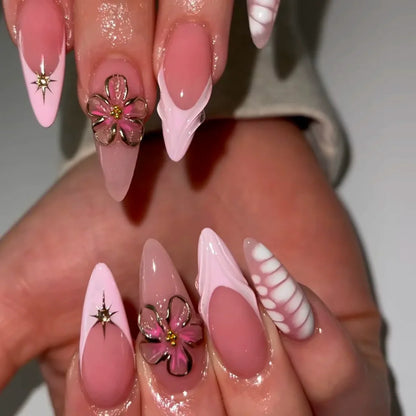 24Pcs White Gradient Press on False Nails Acrylic Stiletto Almond Fake Nail Wearable Solid Color Simple Full Cover Manicure Tips