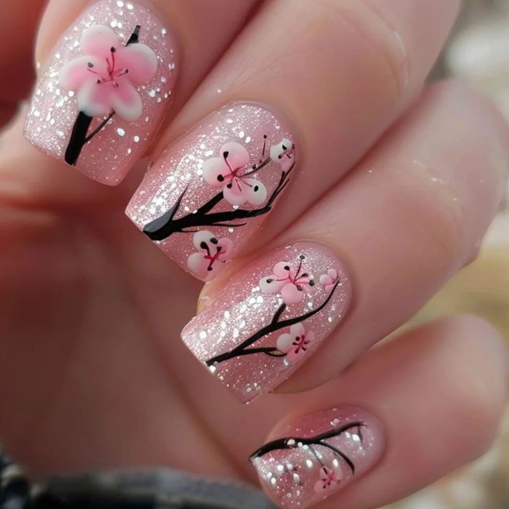 24pcs Sweet Cool False Nails Gradient French Fake Nail Tips with Purple Flowers Design Short Square Press on Nails Colorful Nail