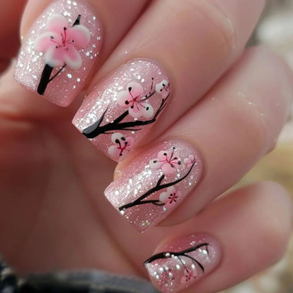 24pcs Sweet Cool False Nails Gradient French Fake Nail Tips with Purple Flowers Design Short Square Press on Nails Colorful Nail