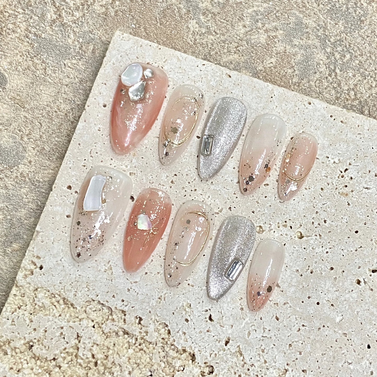 10pcs Baroque Handmade Press On Nails Romantic Cat's Eye Flash Silver Star Gold Foil Designs False Nail Y2k Almond Fake Nails