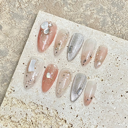 10pcs Baroque Handmade Press On Nails Romantic Cat's Eye Flash Silver Star Gold Foil Designs False Nail Y2k Almond Fake Nails