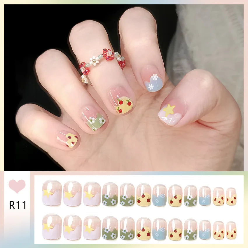 24pcs Bowknots Love Heart Pattern Press On Nails Cute Fresh Short Round French Style False Nails Korean Sweet Wearable Fake Nail