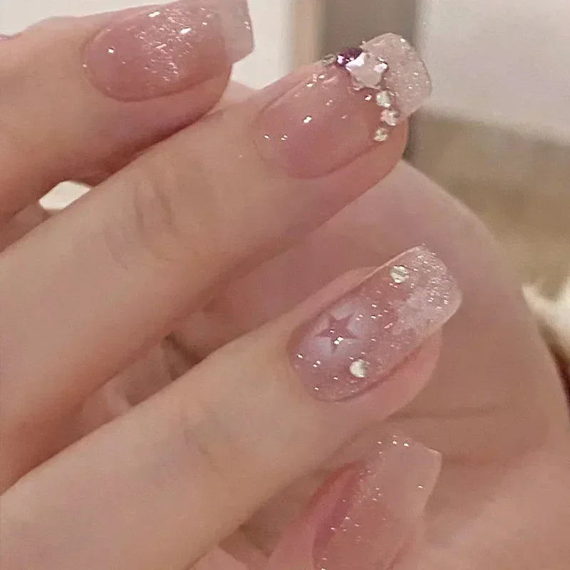 24Pcs Short Ballerina False Nail Tips with Pearl Detachable French Fake Nails Pink Cute Full Cover Press on Nails Manicure Tools