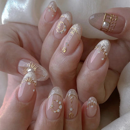24Pcs Simple Glitter Almond False Nails with Glue Ballerina Nail Design Sweet Cool French Detachable Press on Nail Manicure Tips