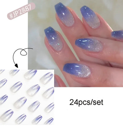 24pcs/set cat eyes fake nails for women girls red brown green blue grey sparkling short tips faux ongles press on false nail