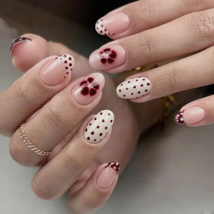 24pcs Blue Press on Nails with Polka Dot Pattern Design Almond Full Cover Nail Tip Flower Rhinestone False Nail French Fake Nail