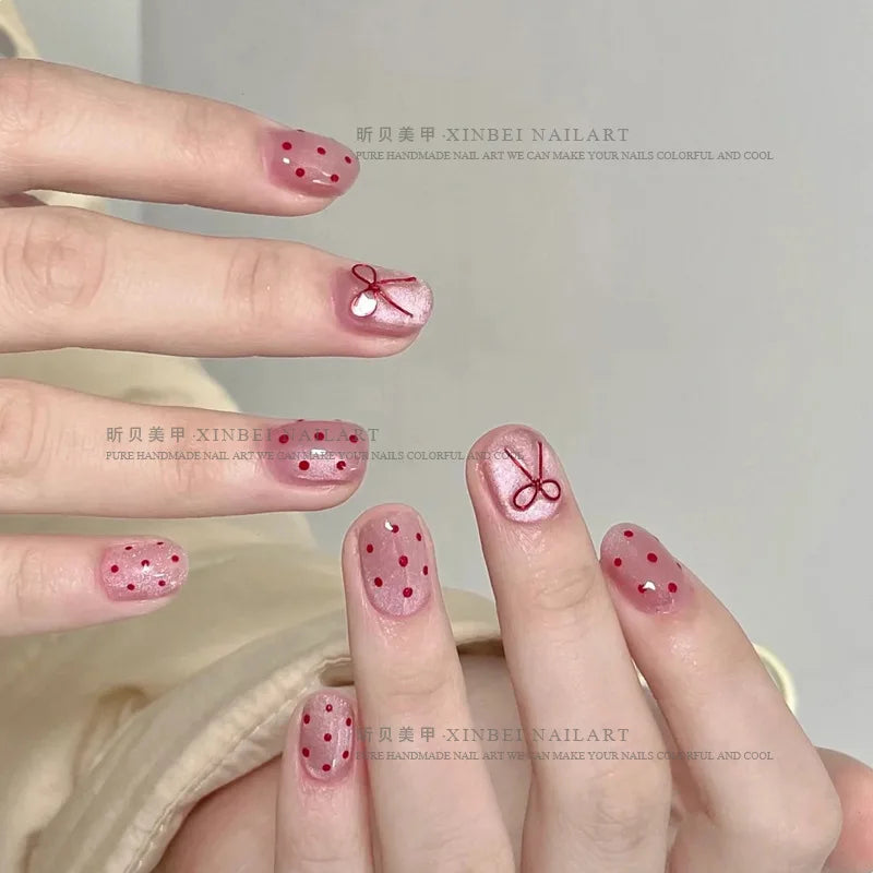 10pcs Ballet Short Nail Tips Set-Glossy Finish Polka Dot & Solid Color Designs with 3D Bow Accents Nail Art for Women and Girls