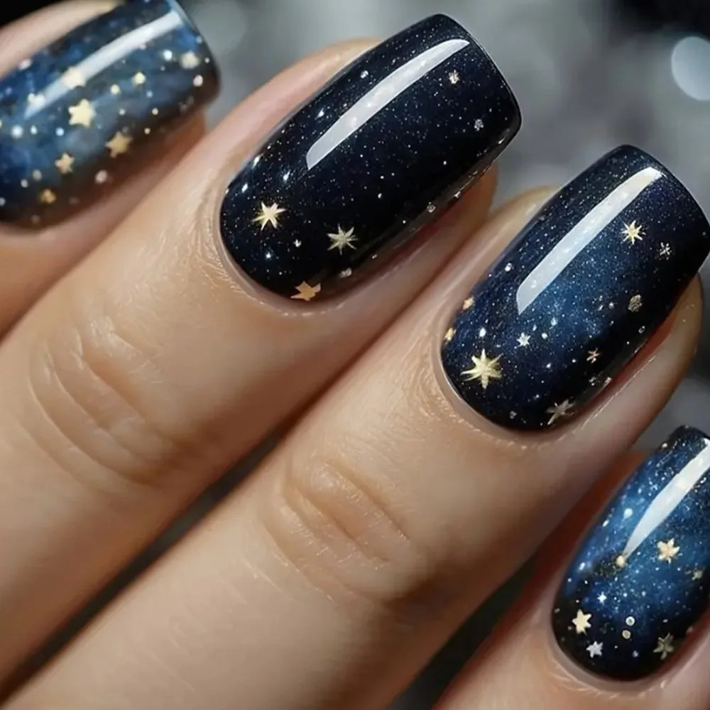 24pcs/set short medium fake nails shinny sparkling glitter square ballet nail tips starry star cat eyes press on false nail art