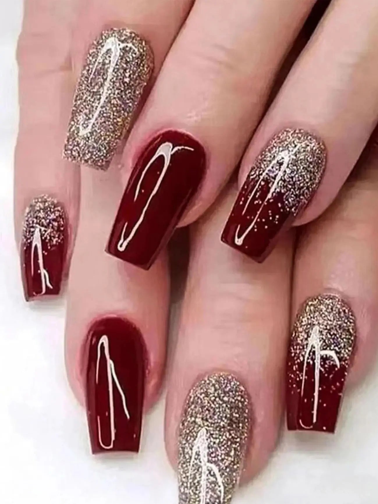 24PCS Long coffin fake nails with wine red color, acrylic shiny gold shimmering wine red design