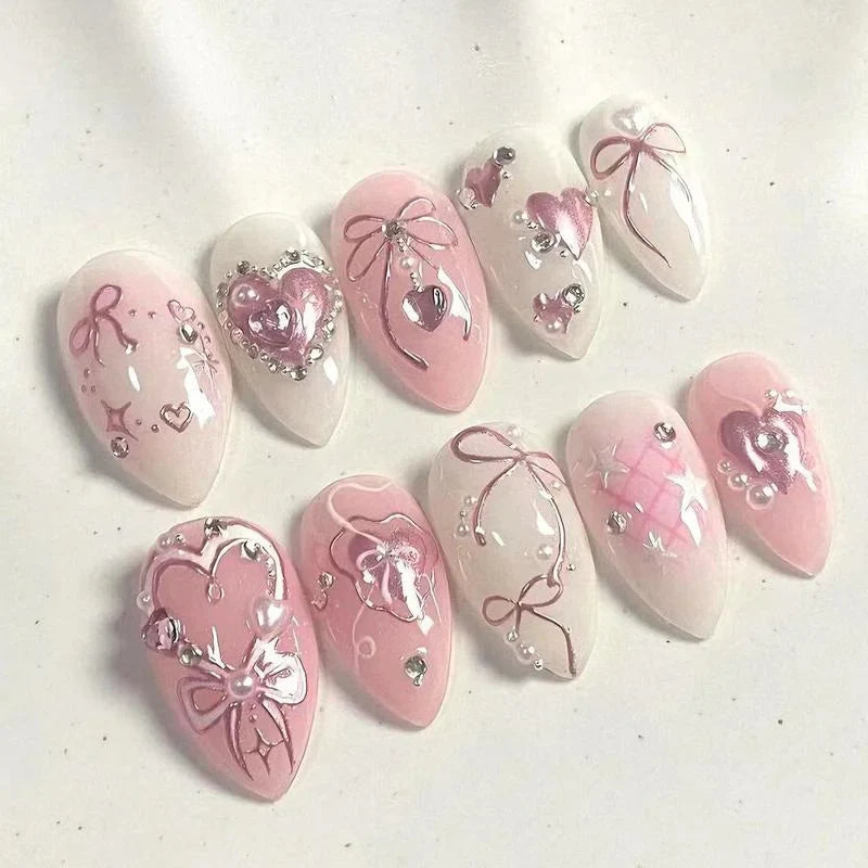 24Pcs/set Sweet Bow False Nails Press On Nails Fake Nails Kit Artificial Art Nails Finger DIY Manicure For Women And Girls
