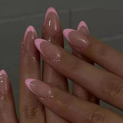 24Pcs Simple Glitter Almond False Nails with Glue Ballerina Nail Design Sweet Cool French Detachable Press on Nail Manicure Tips