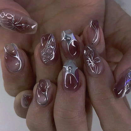 24Pcs False Nails Spicy Girl Silver Bow with Diamond Fake Nails with Glue Almond Press on Nails Black Cool Y2k Almond Nail Set