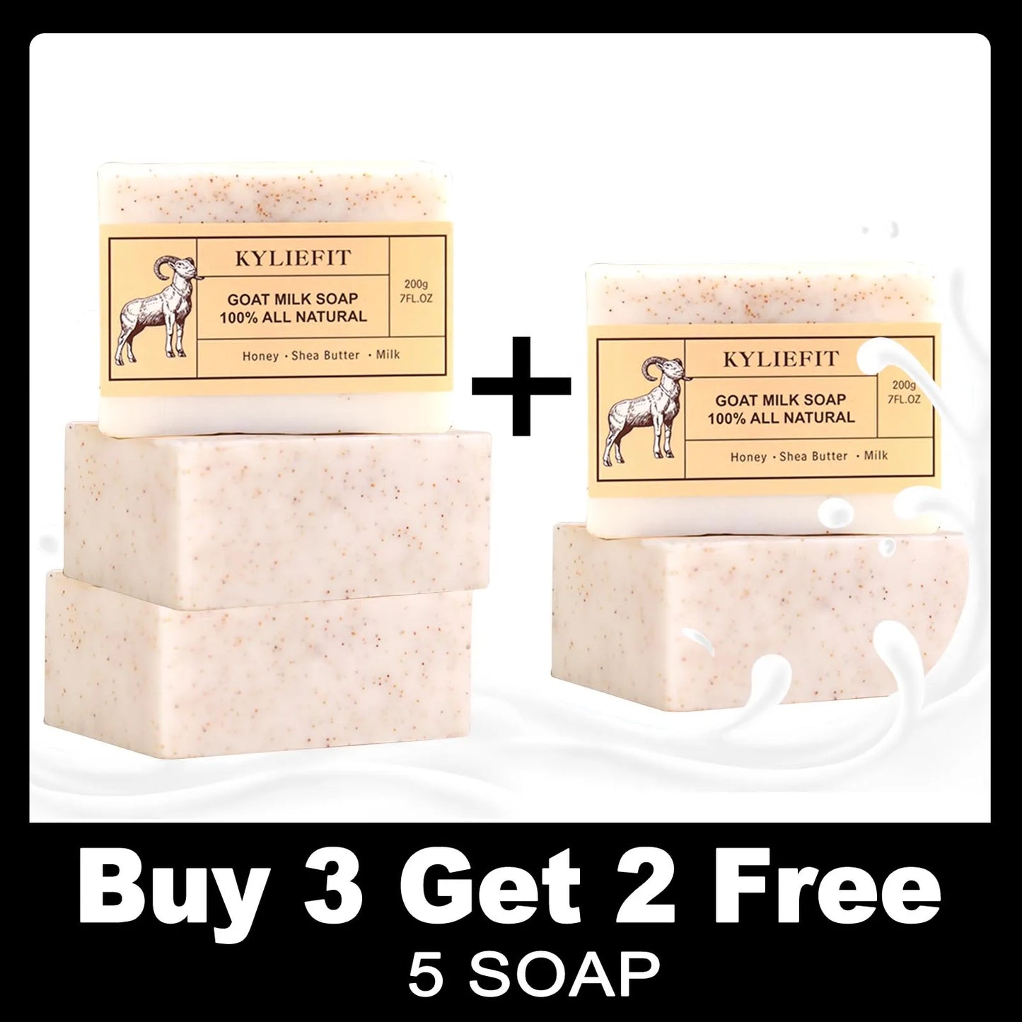 KYLIEFIT Goat Milk Brightening Soap Bar, Remove Spots, Natural, Lightening, Cleaning, Moisturize, With Honey, Shea Butter, 200g