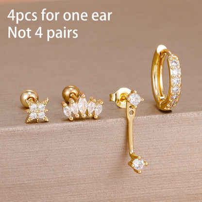 4PCS Stainless Steel Circle Huggie Hoop Earrings Set for Women Gold Color Unique Zircon Flower Stud Earring Piercing Jewelry