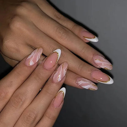 24Pcs Simple Glitter Almond False Nails with Glue Ballerina Nail Design Sweet Cool French Detachable Press on Nail Manicure Tips