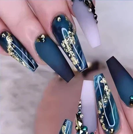 24Pcs Dark Blue Square Head Press on False Nails 3D Ocean Mid-length Fake Nail Wearable Finished Manicure Full Cover Nail Tips