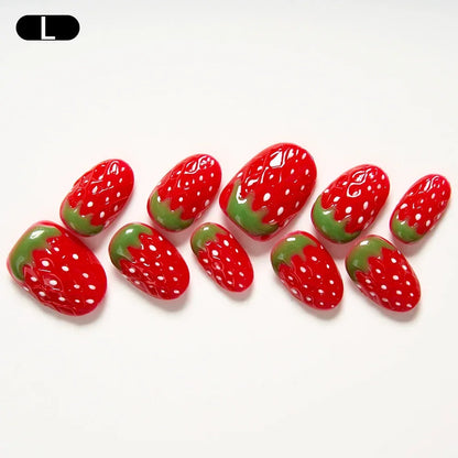 10pcs Handmade Square Press on Nails French Coffin Pink Fake Nail Strawberry Decor Sweet Style Square Artificial Nail for Women