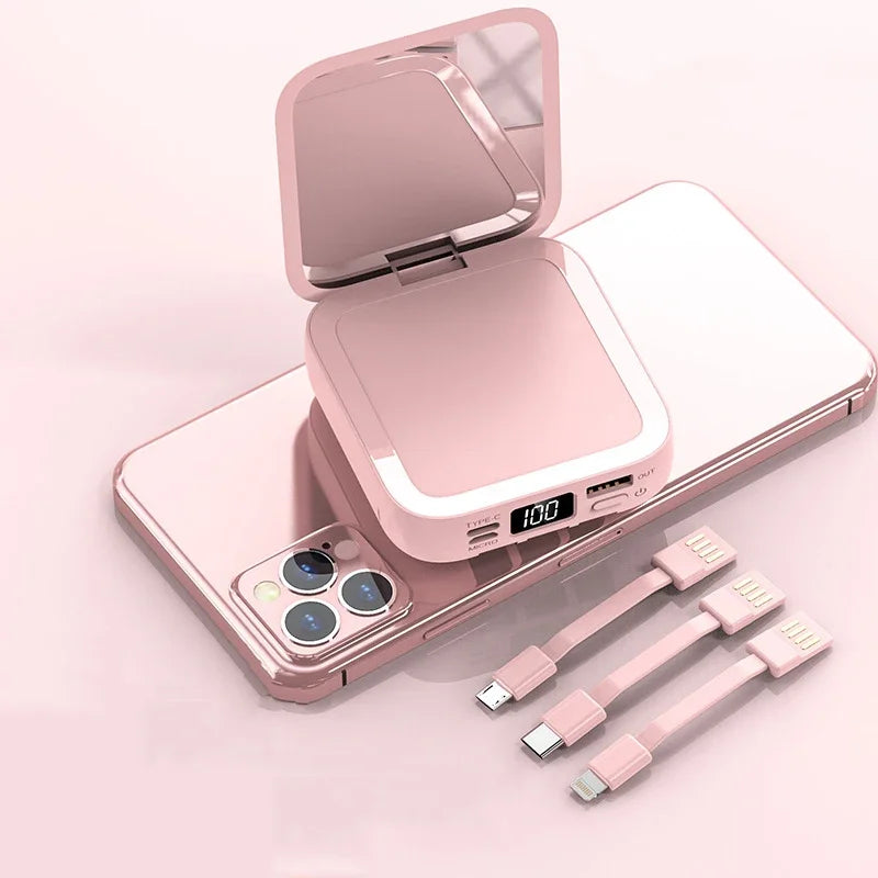 20000mAh Power Bank with Makeup Mirror Detachable Digital Display External Battery Built in Cable for iPhone Samsung