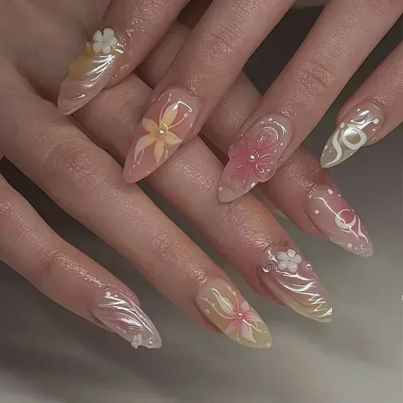 24Pcs Pink Almond False Nails Sweet Summer Fake Nail Cute Flowers Pearl Nails Press Ons Colorful Monet Press on Nails for Girls