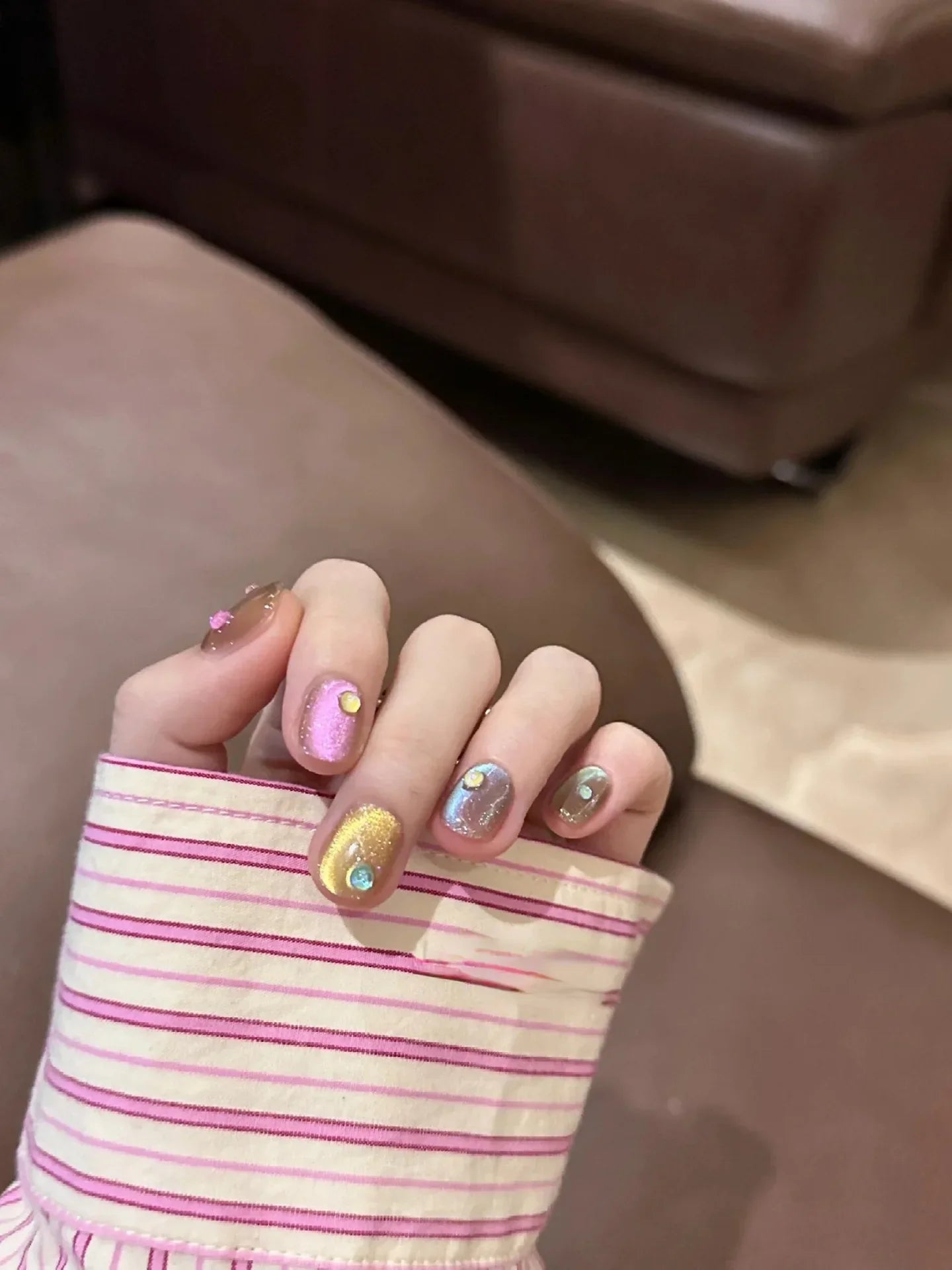 10Pcs Cat Eye Handmade Press on Nails Candy Color Fake Nails Summer Cute Wearable Stick-on Nails Full Cover False Nail Tools