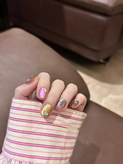 10Pcs Cat Eye Handmade Press on Nails Candy Color Fake Nails Summer Cute Wearable Stick-on Nails Full Cover False Nail Tools