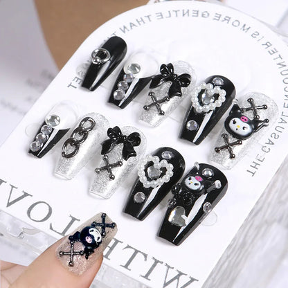 24Pcs 3D kuromi press on nails Y2K Cartoon Handmade Fake Nails Black Gel nail Wearable Nails Cinnamoroll Melody Anime False Nail