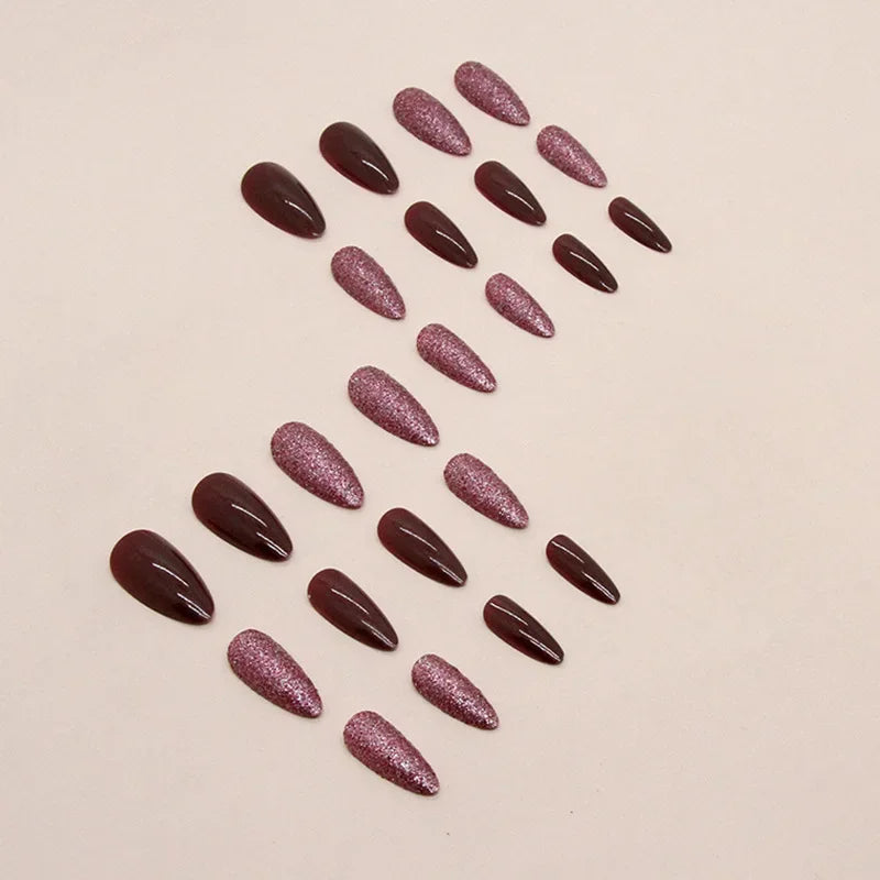 24 Pcs Medium Acyrlic Press on Nails Girls Ready-made Artificial Stick-on Nails Red Glitter Almonds Fake Nails with Glue Winter