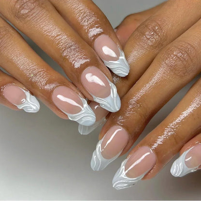 24Pcs Solid Color Grey Almond Fake Nail Cat's Eye Design Wearable Round Head False Nails with Shiny Powder Press on Nails