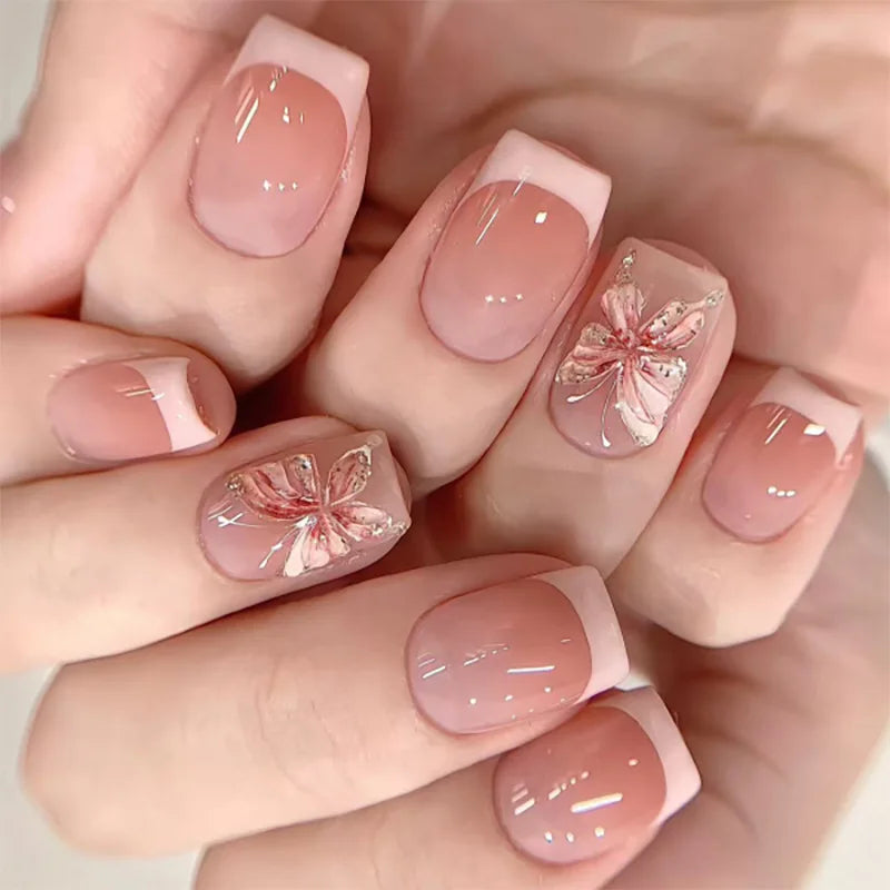 Pink Magic Mirror French 3D Flowers Nail Art Fashion Almond Wearable False Nails Detachable Finished Fake Nails Press on Nails
