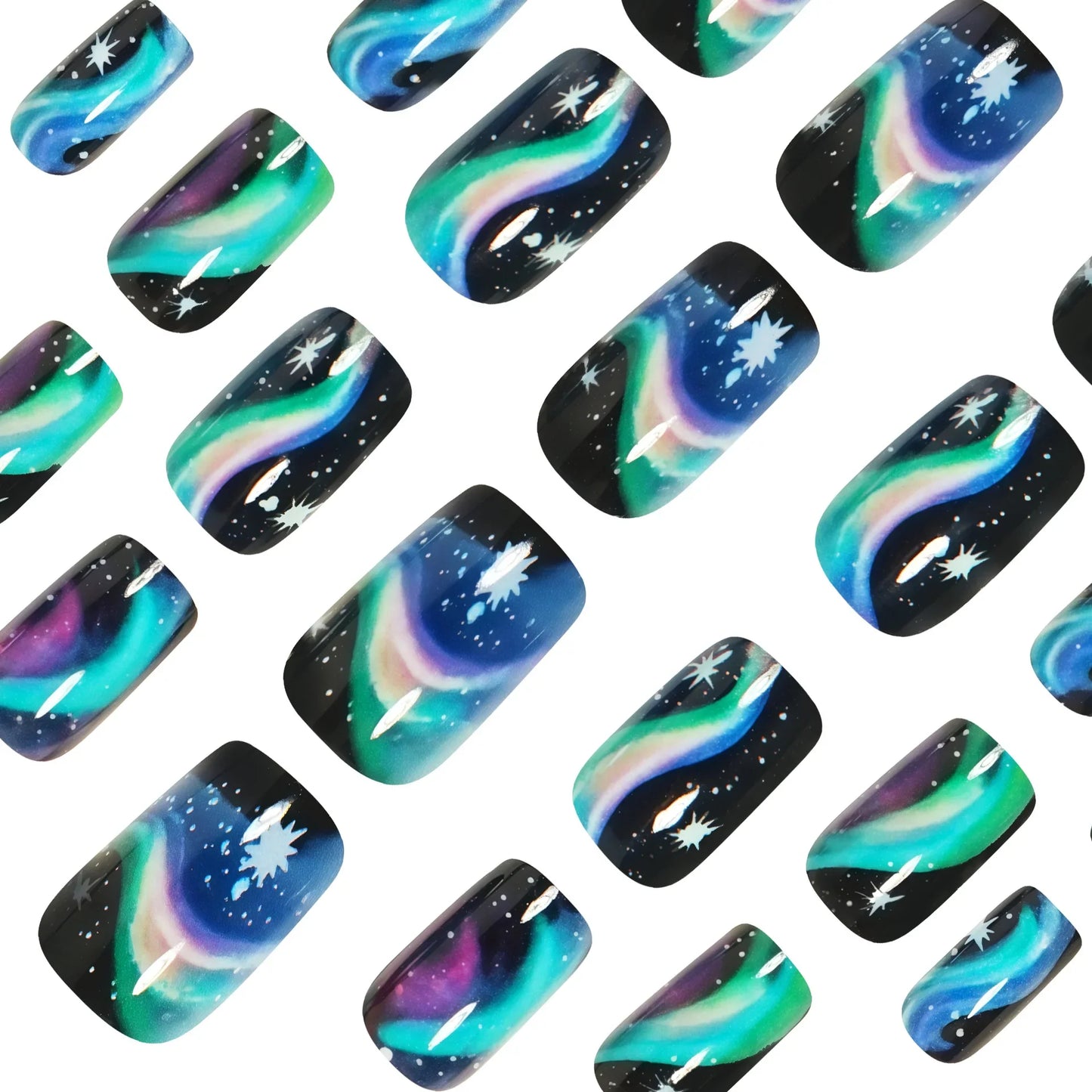 Medium fake nails for women gilrs gradient blue pink starry sky star moon Y2K design Almond nail tips press on false nail set