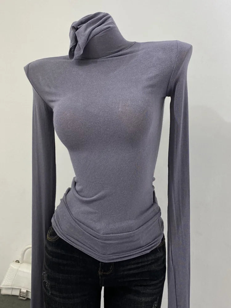 Korean style standing collar long sleeved T-shirt, high collar bottom shirt, women's slim fit slightly transparent top