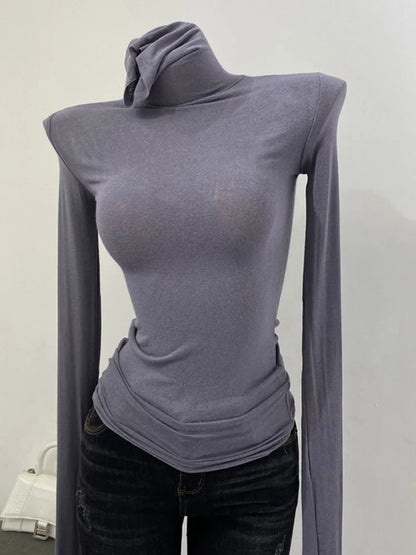 Korean style standing collar long sleeved T-shirt, high collar bottom shirt, women's slim fit slightly transparent top