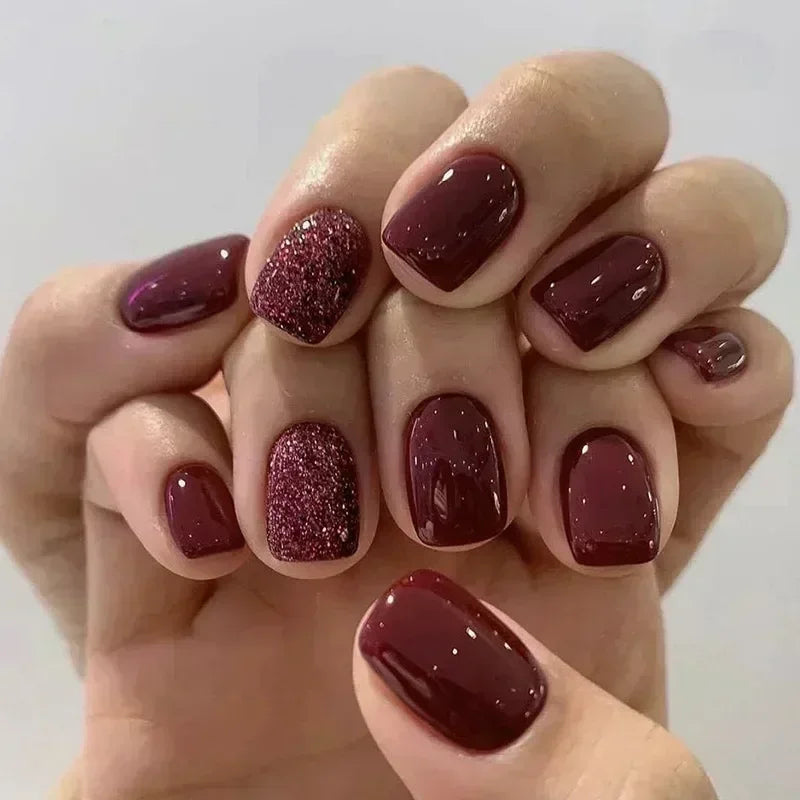 24pcs Crystal Cat Eye False Nails with Glue Short Square Press on Nails Shiny Red Jewel Nail Solid Color Fake Nails Minimalis