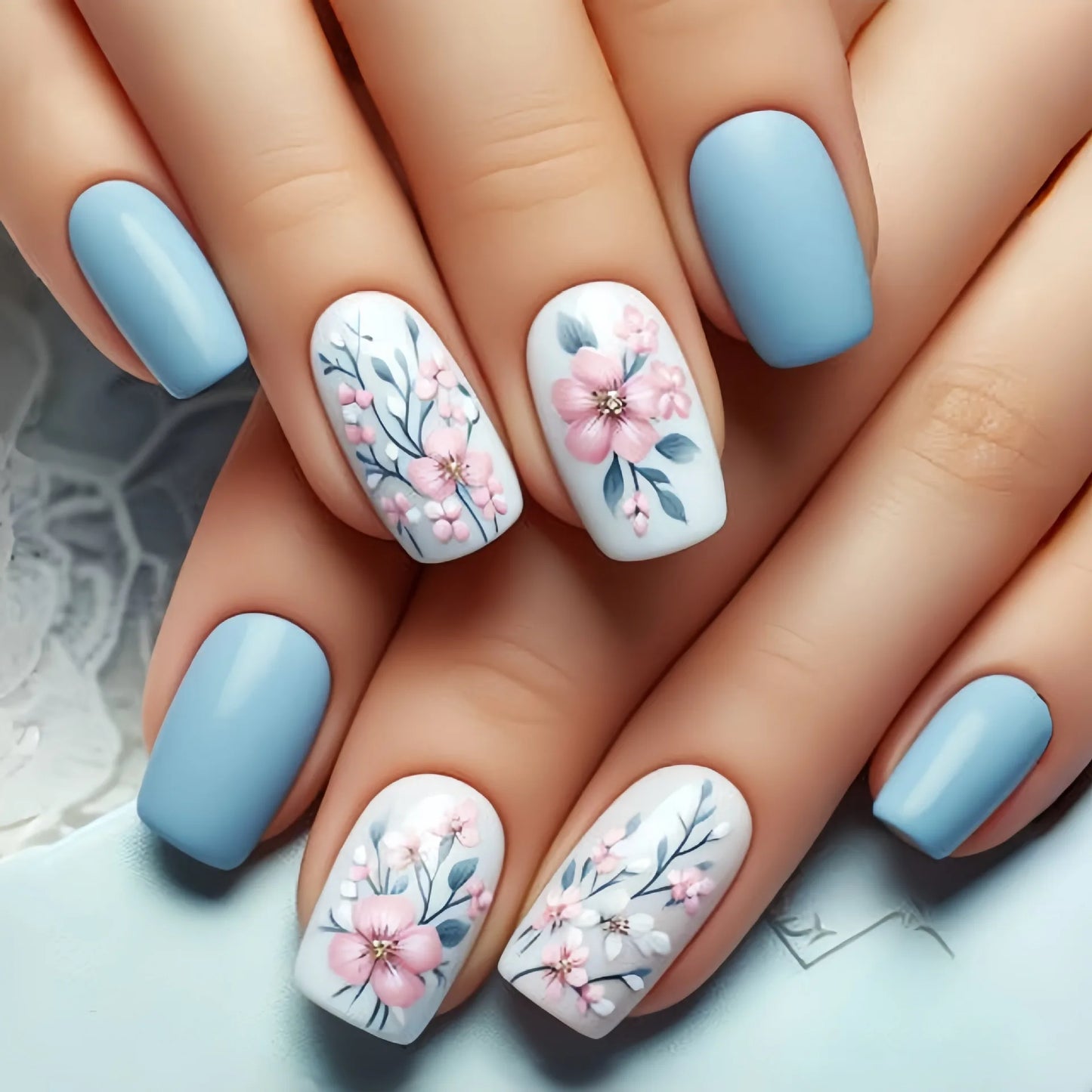 24pcs Green Fields Press on False Nail with Glue Glitter French Square Fake Nail Full Cover Nature Design Wearable Manicure Nail