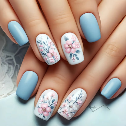 24pcs Green Fields Press on False Nail with Glue Glitter French Square Fake Nail Full Cover Nature Design Wearable Manicure Nail