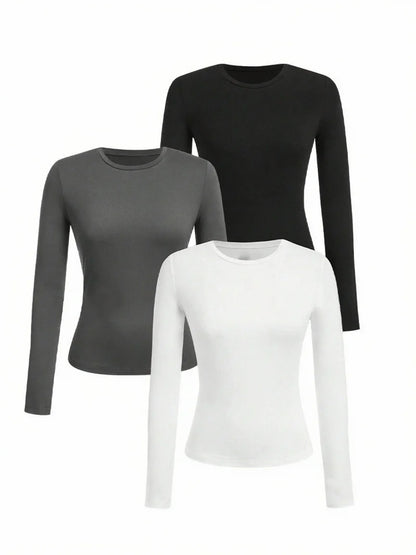 Women's solid-color long-sleeved T-shirt - Polyester knitted fabric, round neck, regular fit, fall-winter style