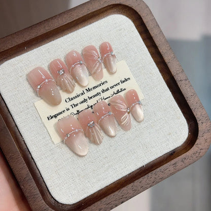 10Pcs Shiny Handmade Press on Nails Full Cover Rhinestone Cat's Eye Design False Nails Almond Wearable Manicure Nail Tips Art