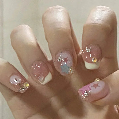 24Pcs Short Ballerina False Nail Tips with Pearl Detachable French Fake Nails Pink Cute Full Cover Press on Nails Manicure Tools
