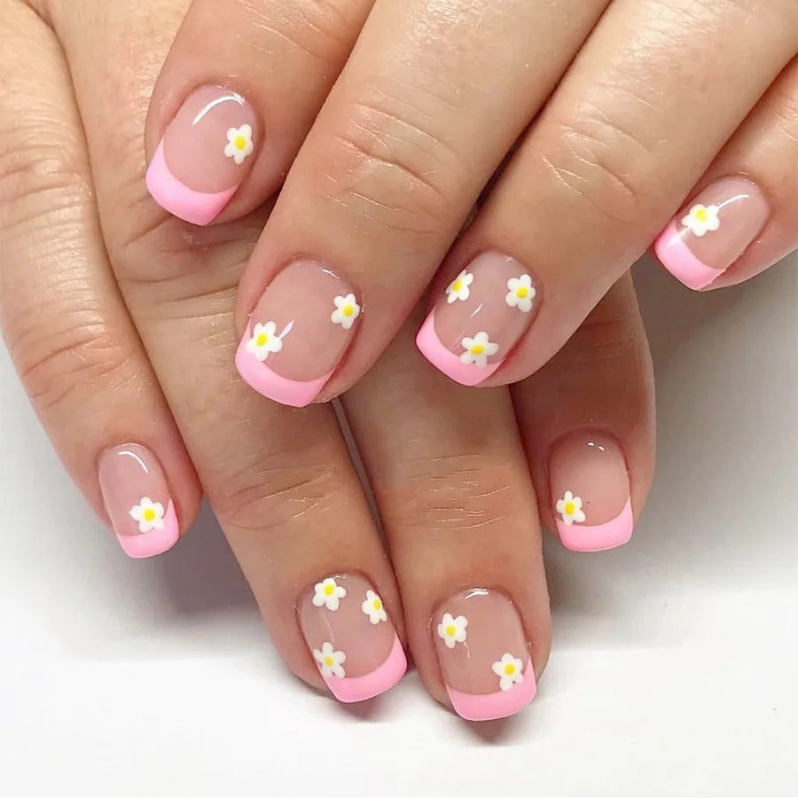 24Pcs Spring Colorful French Fake Nail with Designs Short Square Head Press on False Nails Wearable Simple Jelly Sticks on Nails
