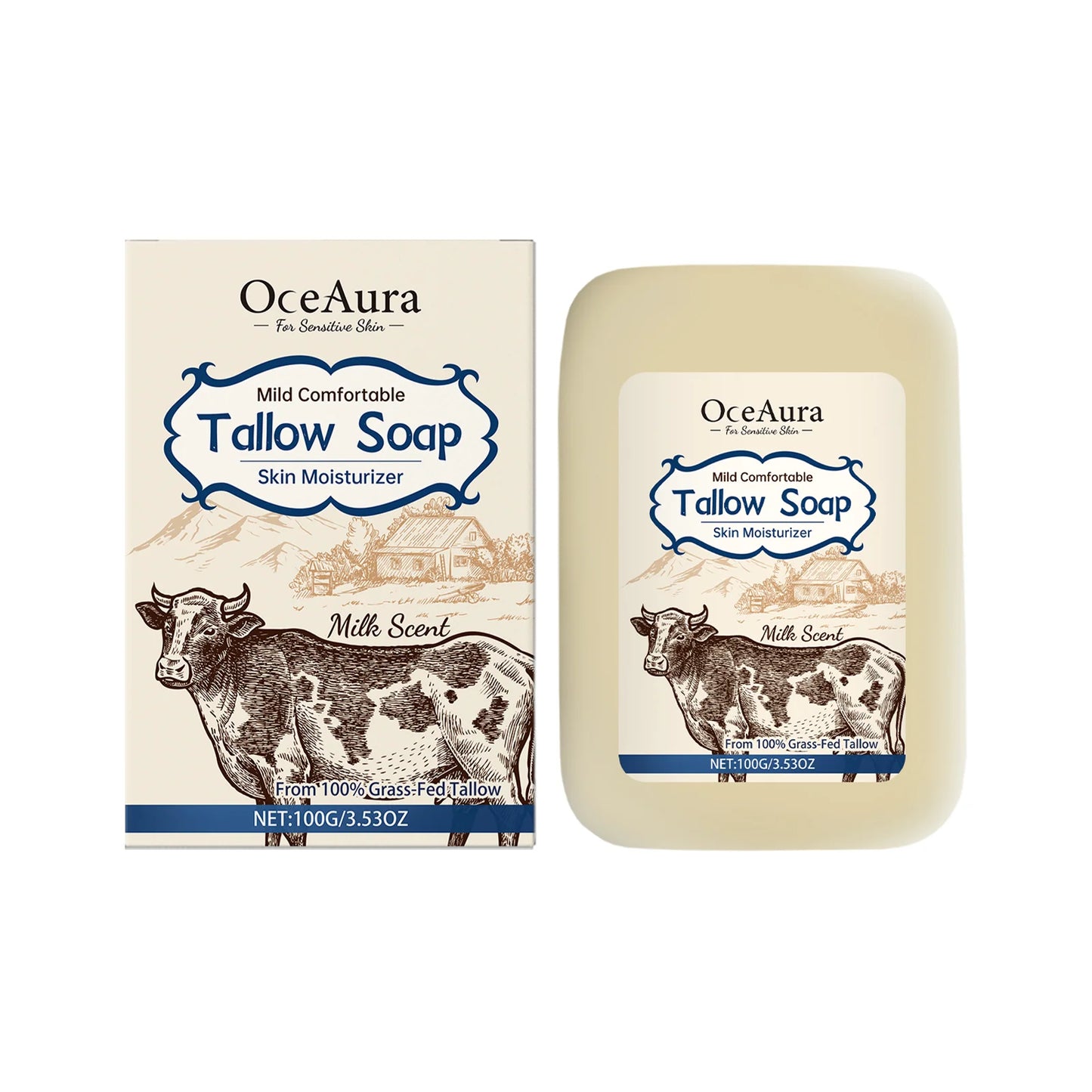 OceAura Grass Fed Beef Tallow Soap Professional Skin Cleaning Oil Control Smooth Skin Moisturizer Natural Organic Body Soap Bar