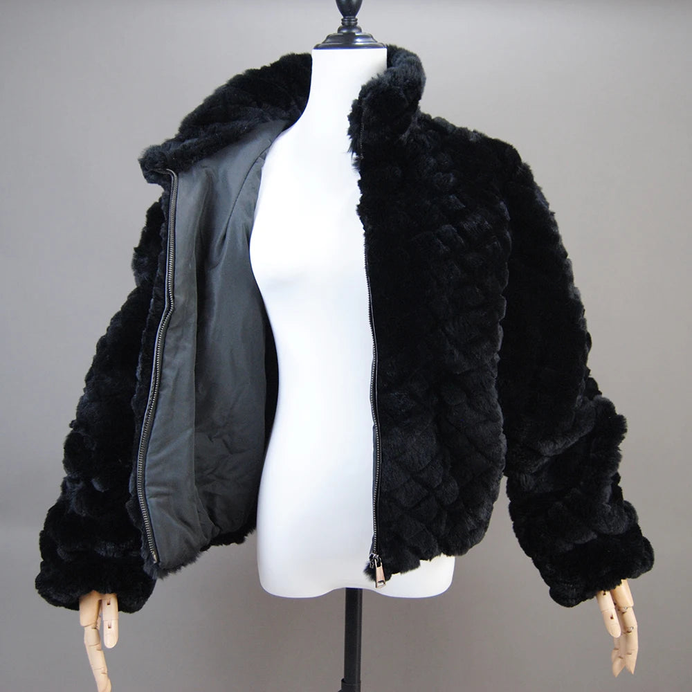 2025 Black Fashion Short Real Rex Rabbit Fur Jacket with Lapel Collar Woman Winter New Genuine Rex Rabbit Fur Coat Outwear